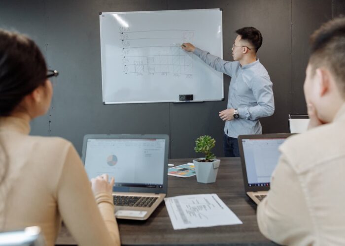 Digital marketing team reviewing performance data during a strategy meeting
